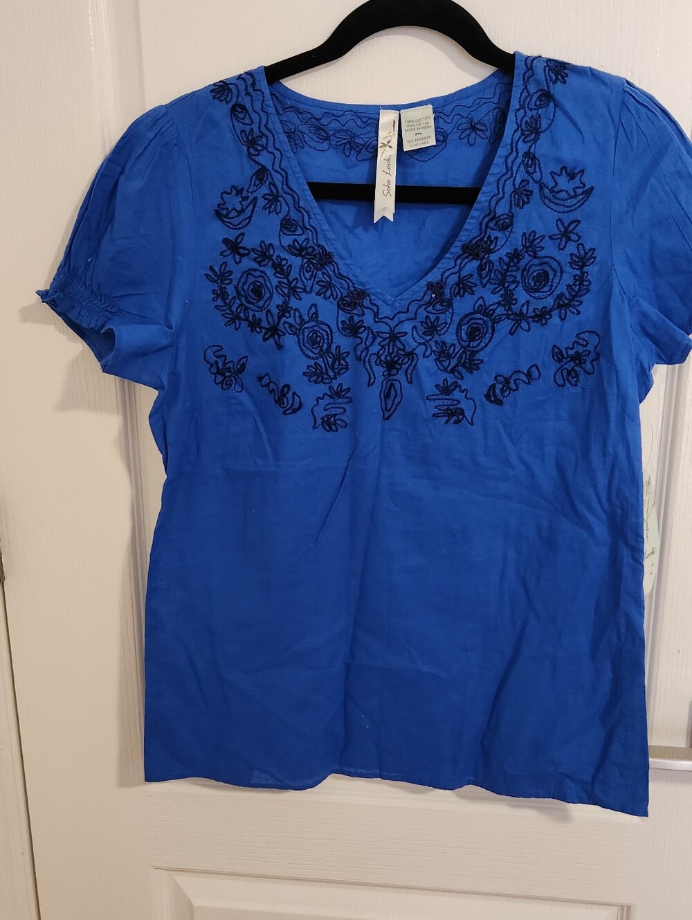 New! Blue Embroidered V-Neck Women's Top
